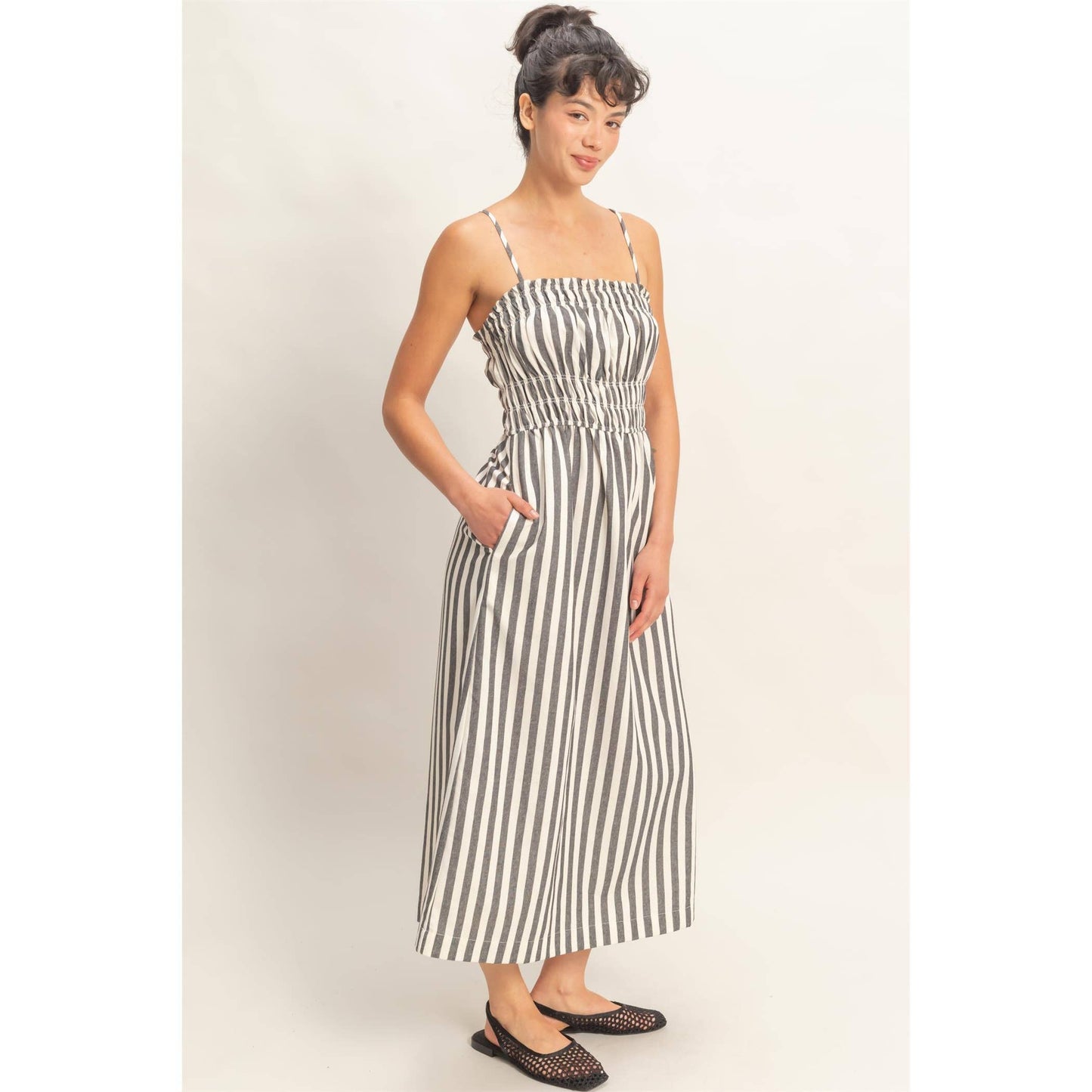 HYFVE - Striped Spaghetti Strap Smocking Midi Dress