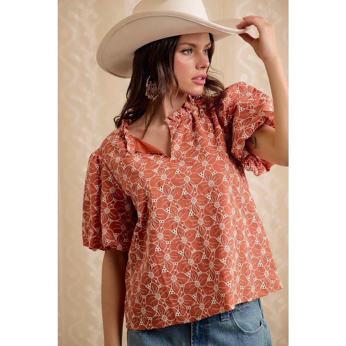 Rust Cotton Eyelet Puff Sleeve Blouse