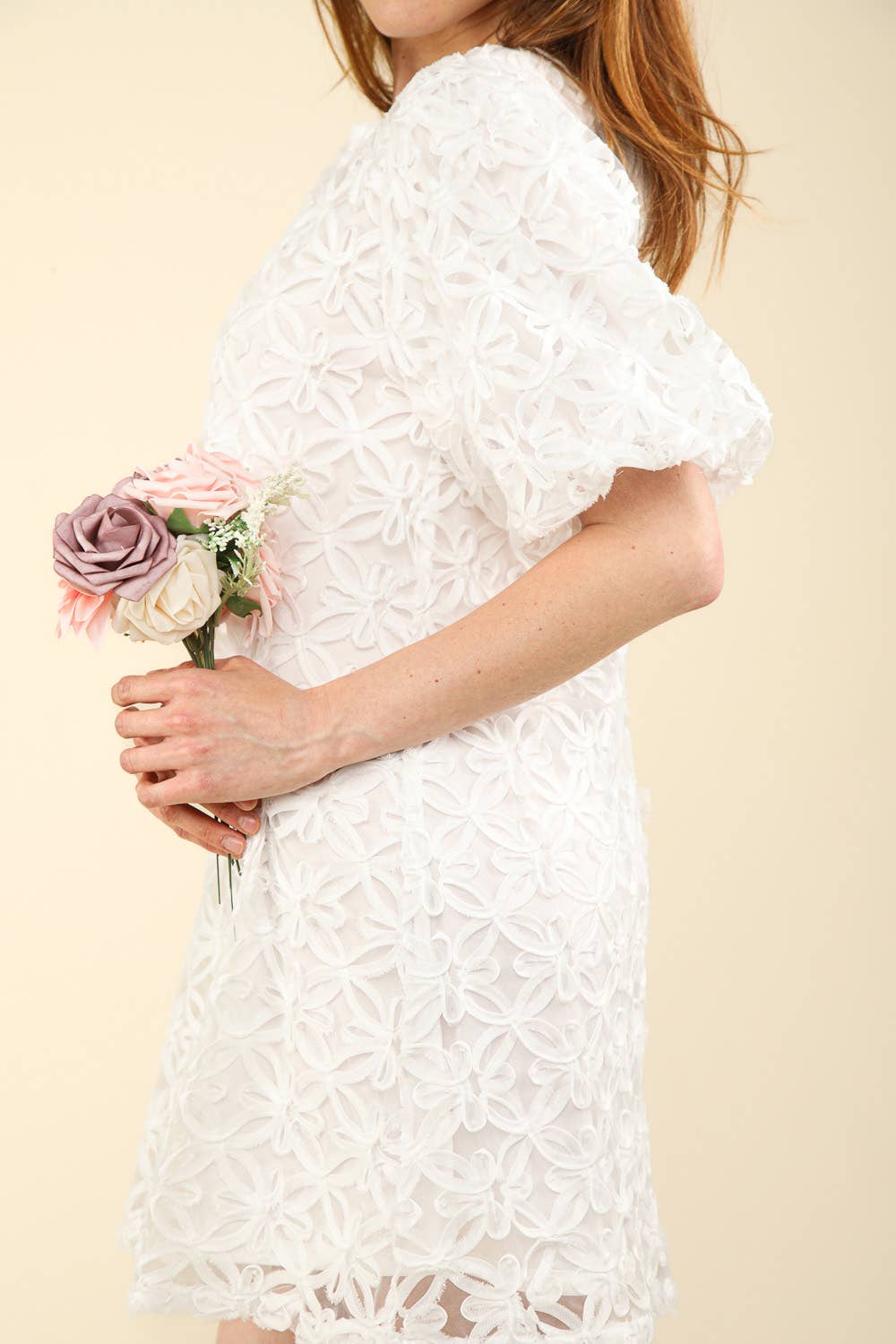 VERY J- 3D Floral Texture Organza Puff Sleeve Mini Dress - 926 West