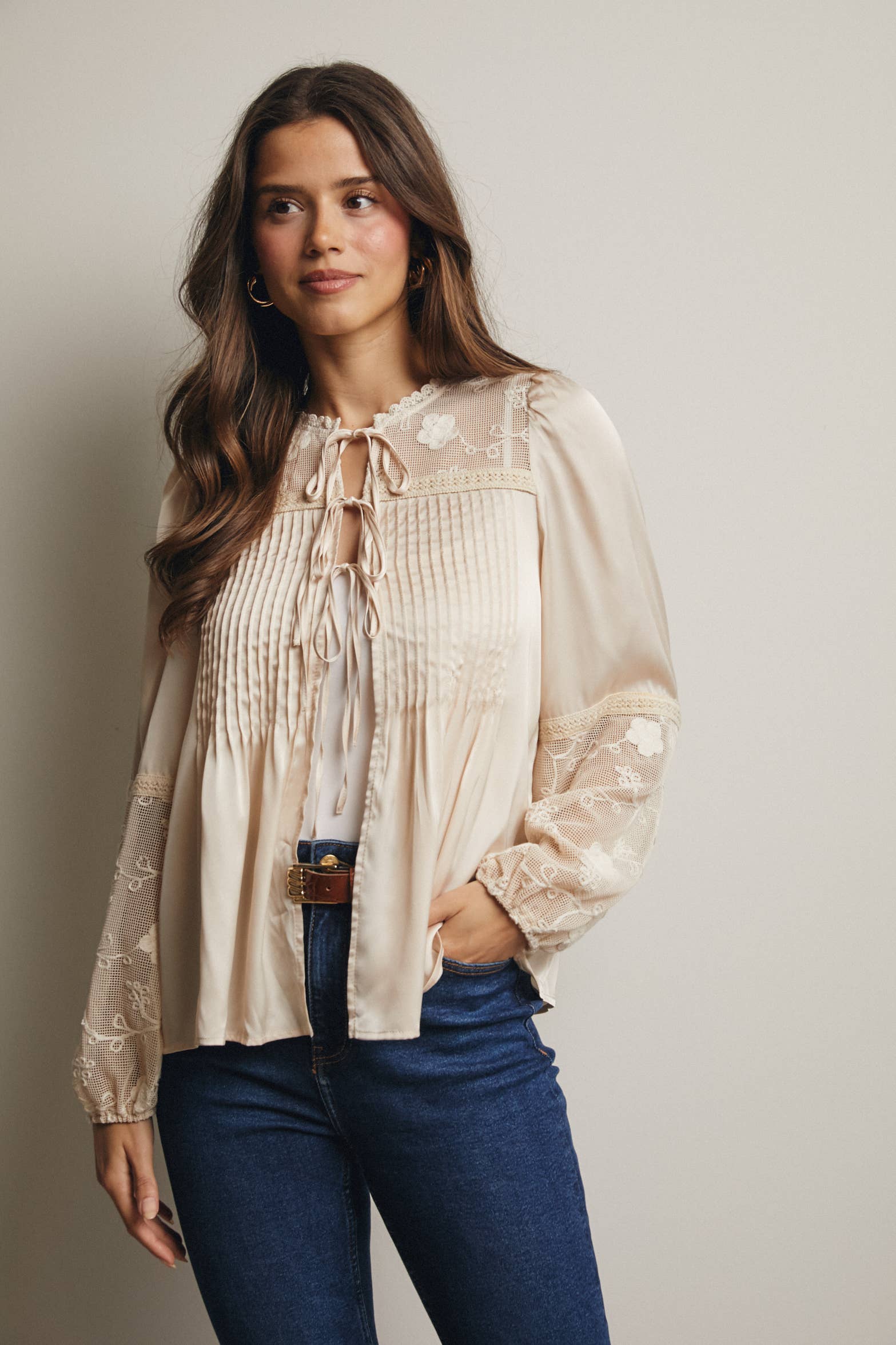Embroidered Lace Tie-Front Blouse - 926 West