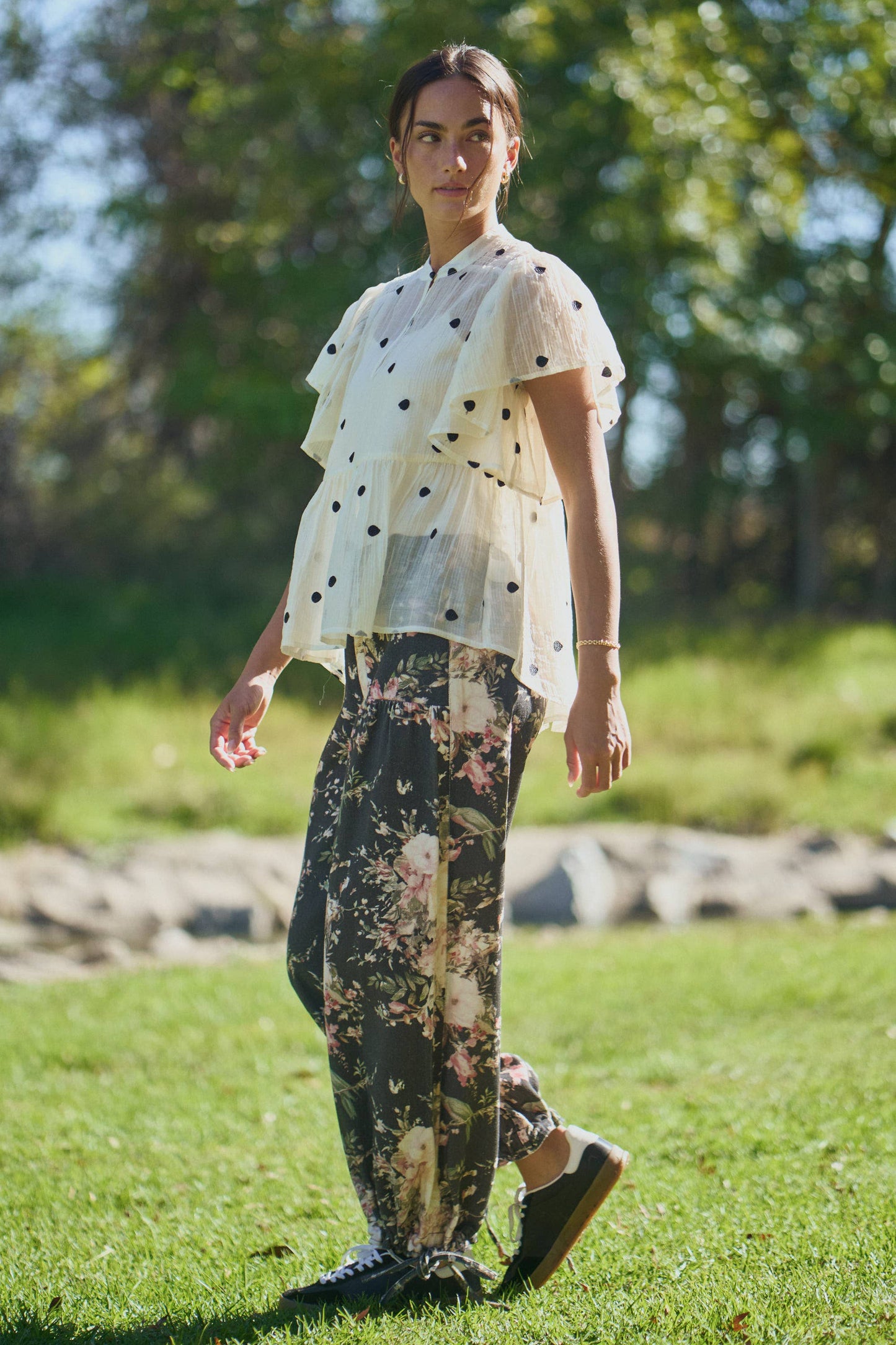 FLORAL PRINTED DENIM WIDE MID HIGH WAIST PANT