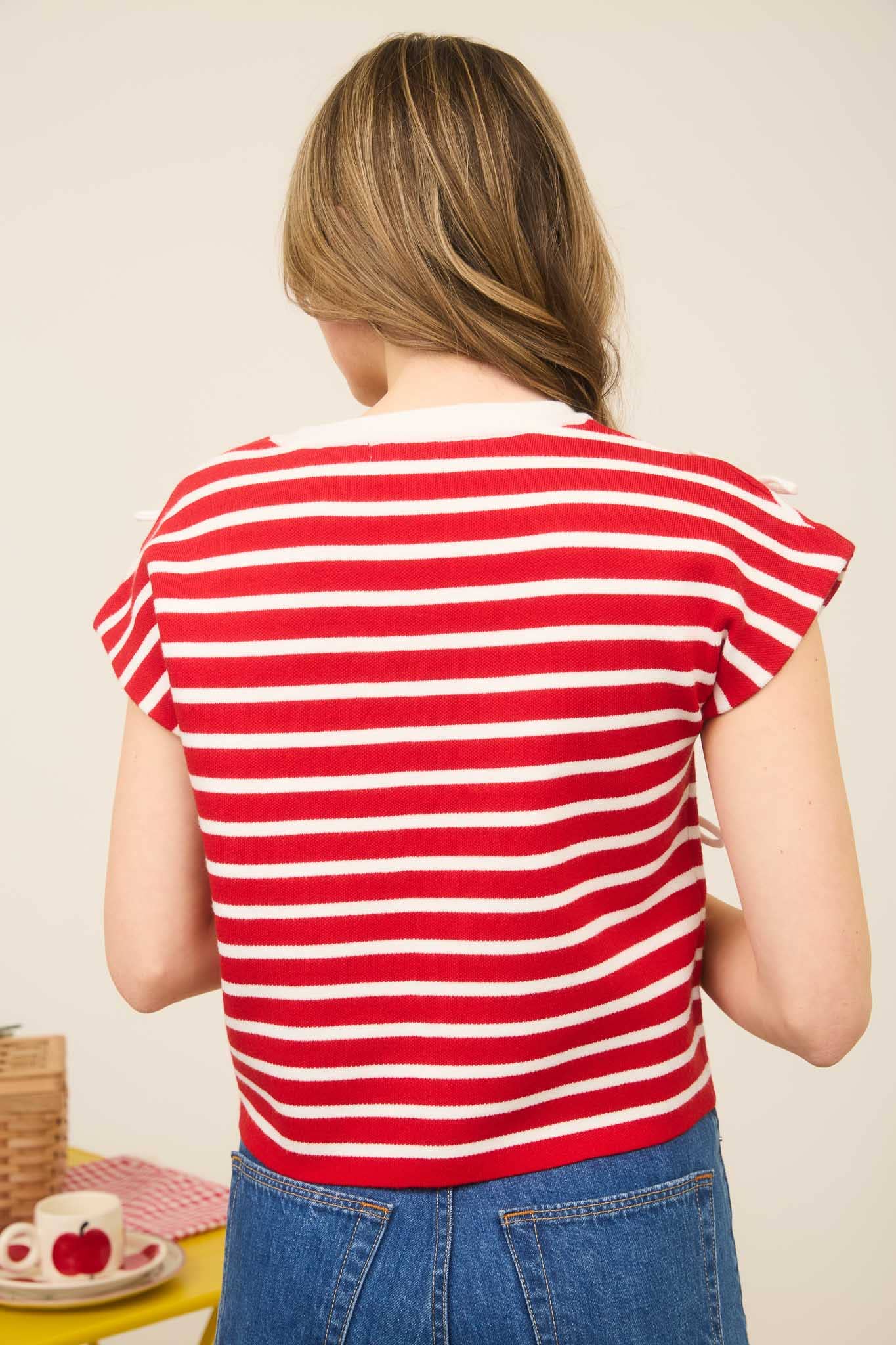 STRIPE BOW DETAIL KNIT TOP