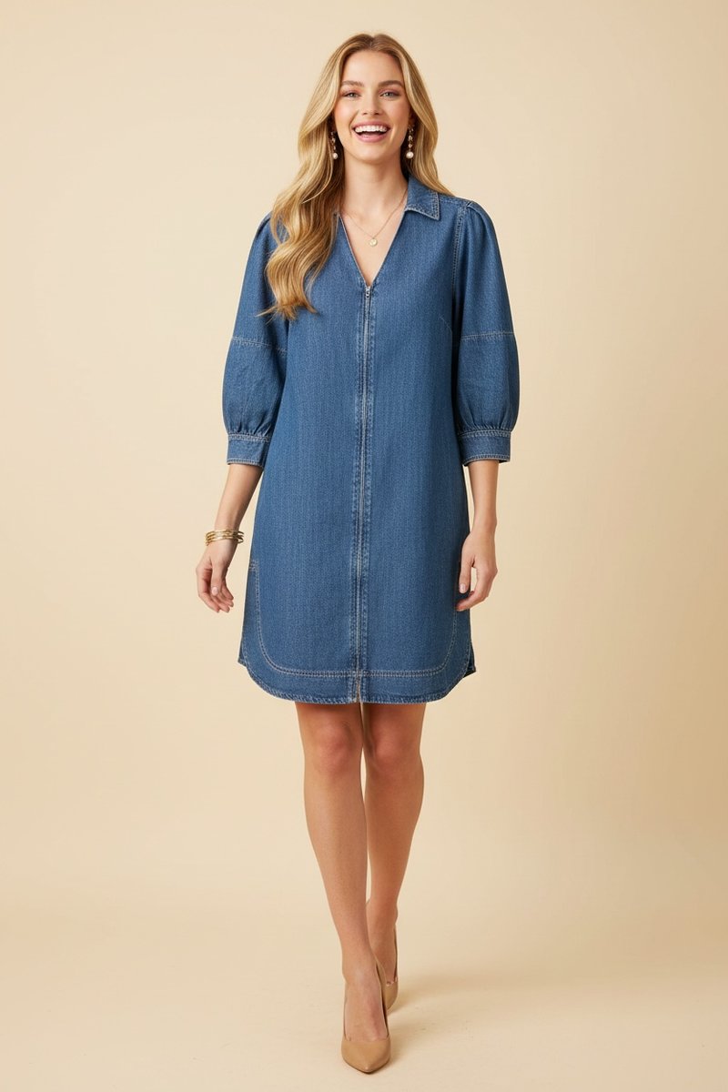 HEIMISH Puff-Sleeve Denim Shift Dress