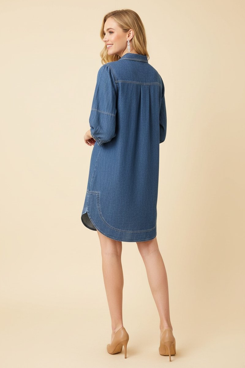 HEIMISH Puff-Sleeve Denim Shift Dress