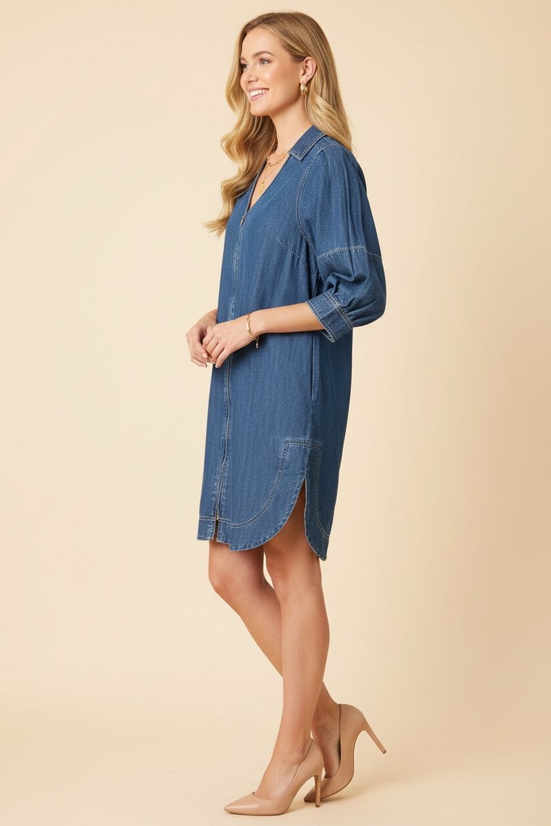 HEIMISH Puff-Sleeve Denim Shift Dress