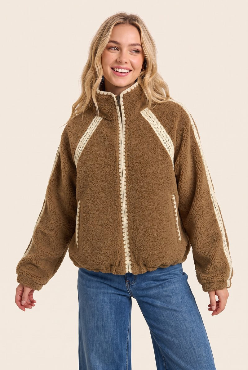 Brown & Cream Sherpa Jacket with Crochet Trim