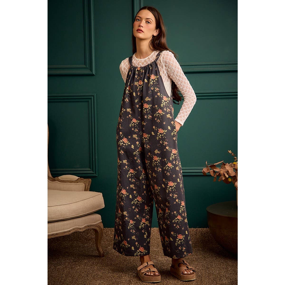 Floral Print Wide Leg Lightweight Jumpsuit