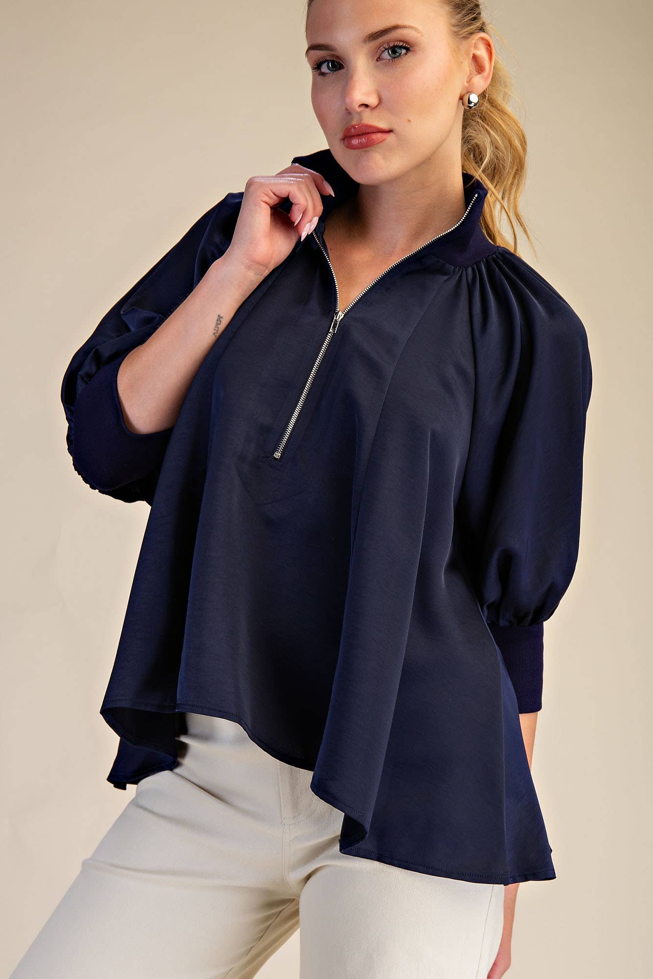GLAM - Mock Neck Band Puff Sleeve Elegance Blouse