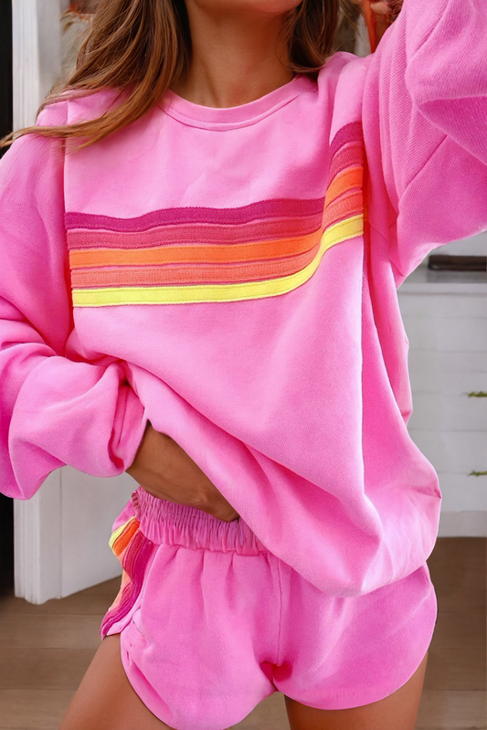 FINAL SALE- Color Contrast Trim Long Sleeve Top and Shorts Set Little Daisy Closet