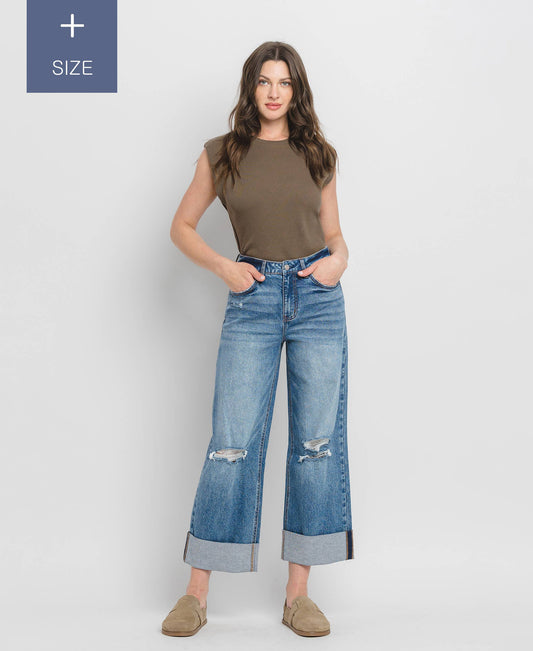 PLUS SIZE SUPER HIGH RISE CUFFED BAGGY WIDE JEANS LV1459-P Lovervet by VERVET