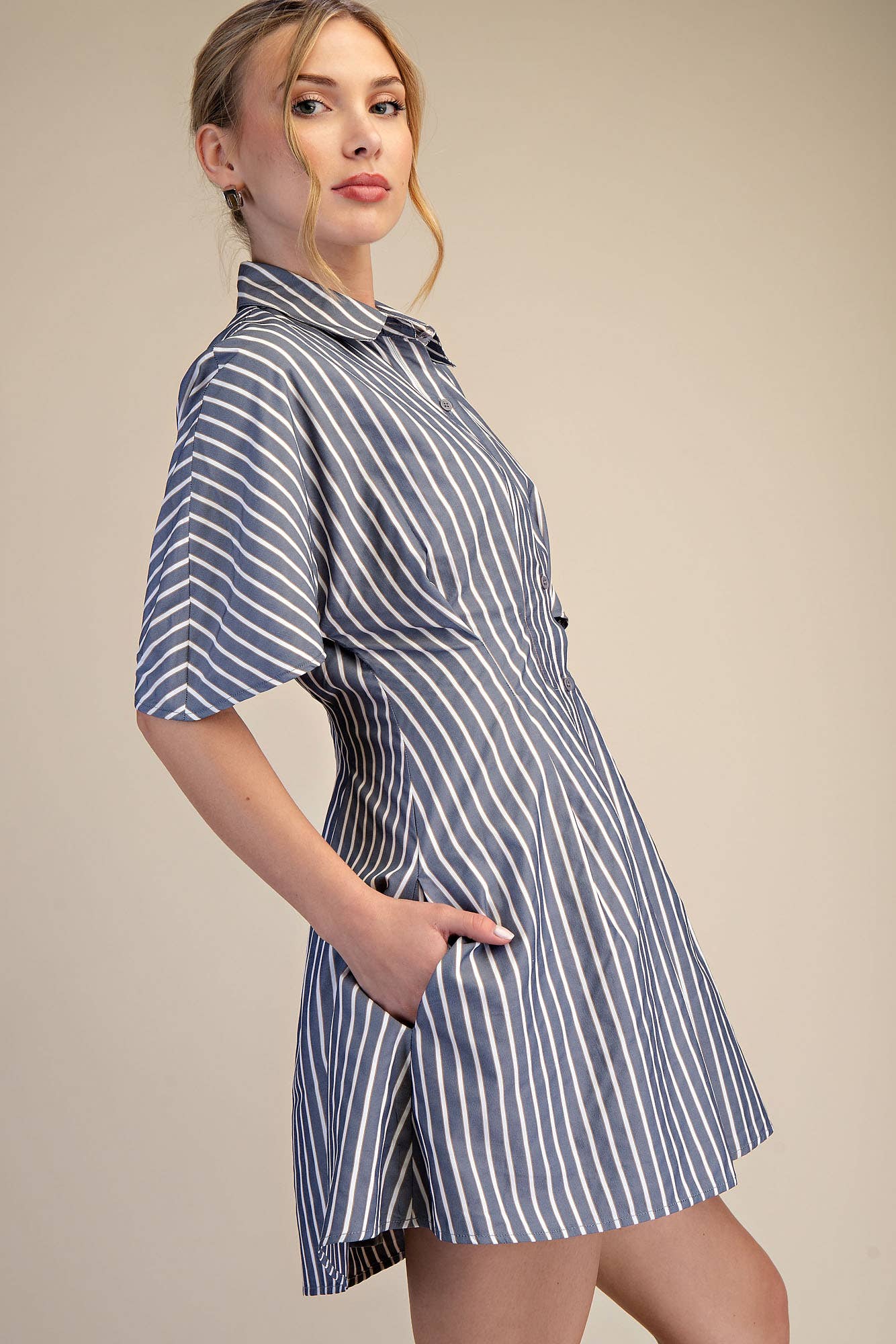 Short-Sleeve Belted Shirt Dress - Classic Button-Front Style