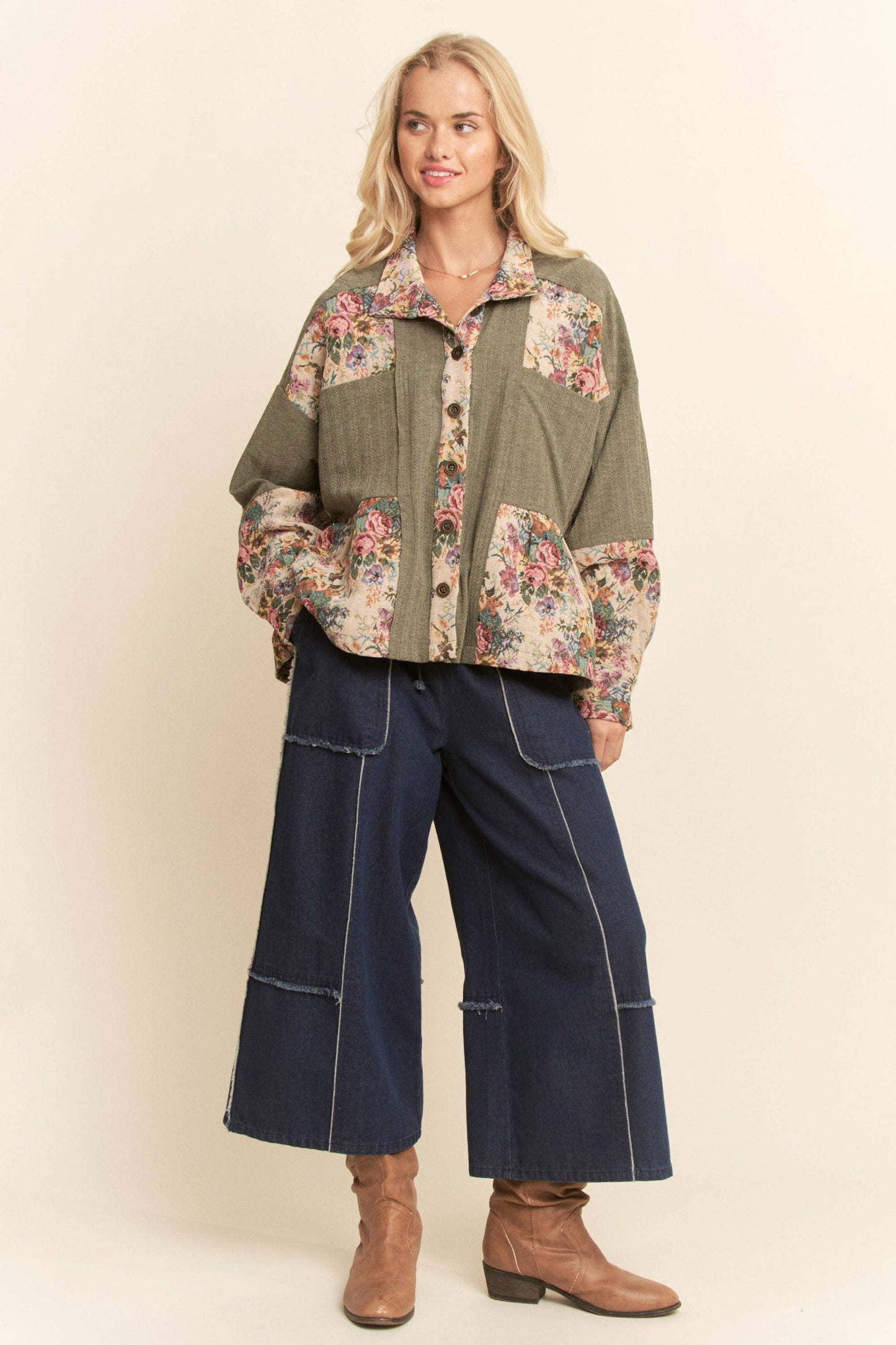 GARDEN KNIT BLOCKED BUTTON FRONT PEPLUM SHIRT