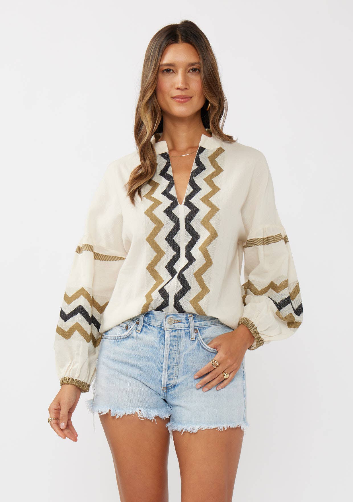 Long Sleeve Cotton Jacquard Split-Neck Blouse 926 WEST