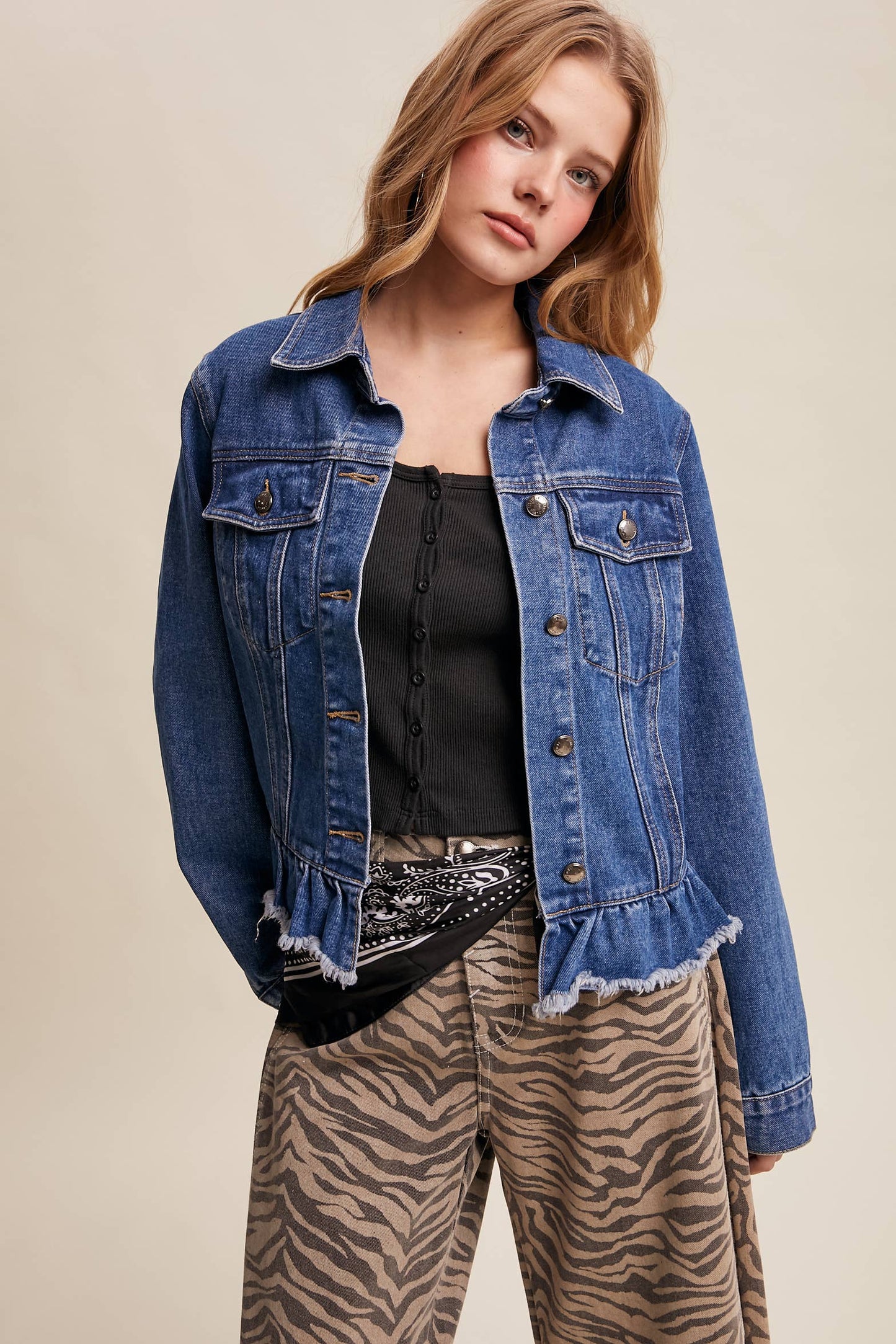 Listicle - Ruffled Hem Denim Jacket