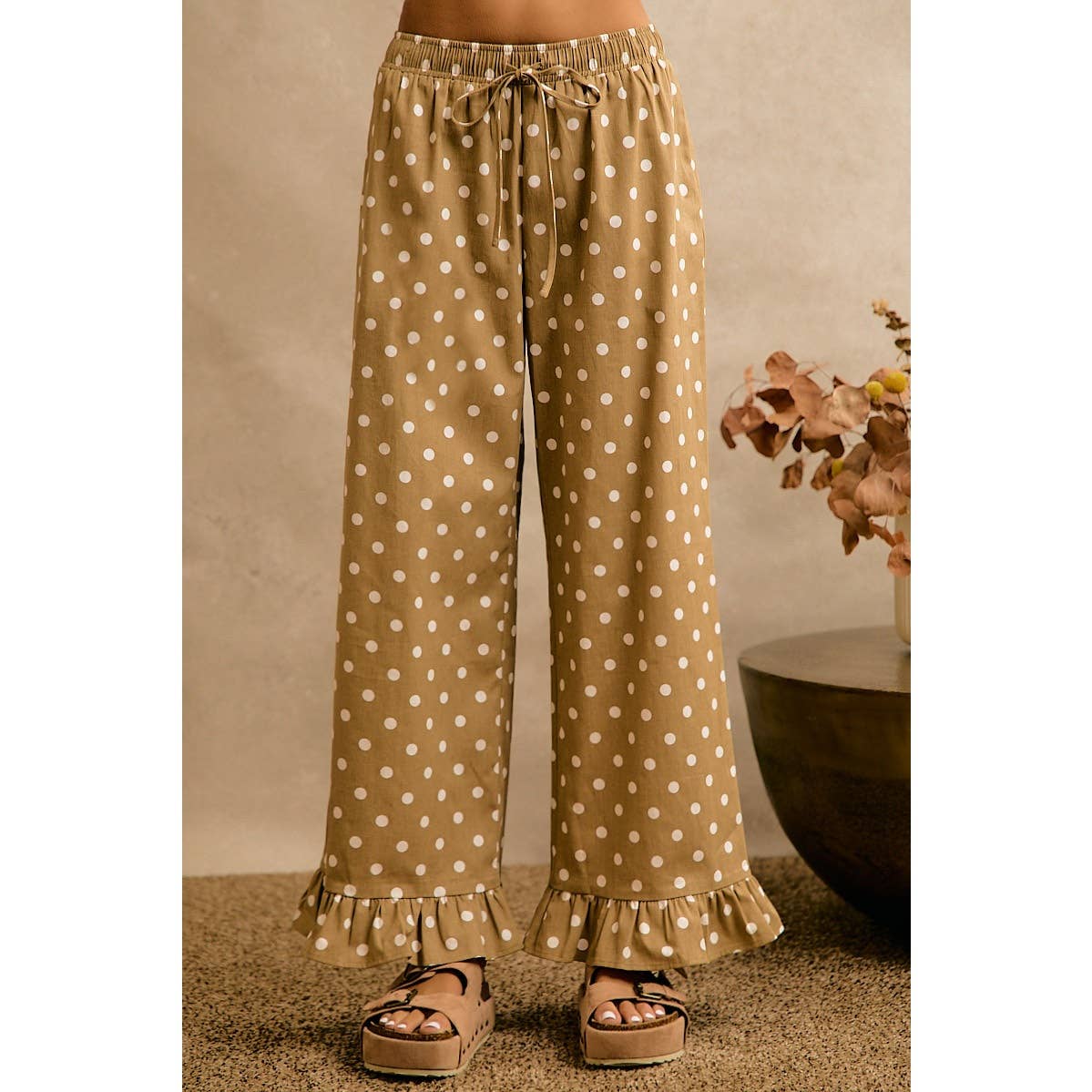 Polka Dot Print Elastic Waist Ruffle Pants