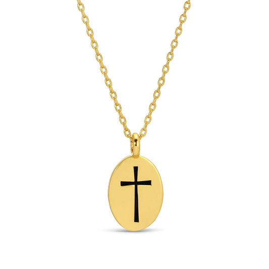 Splendid Iris- Etched Cross Oval Pendant Necklace - 926 West