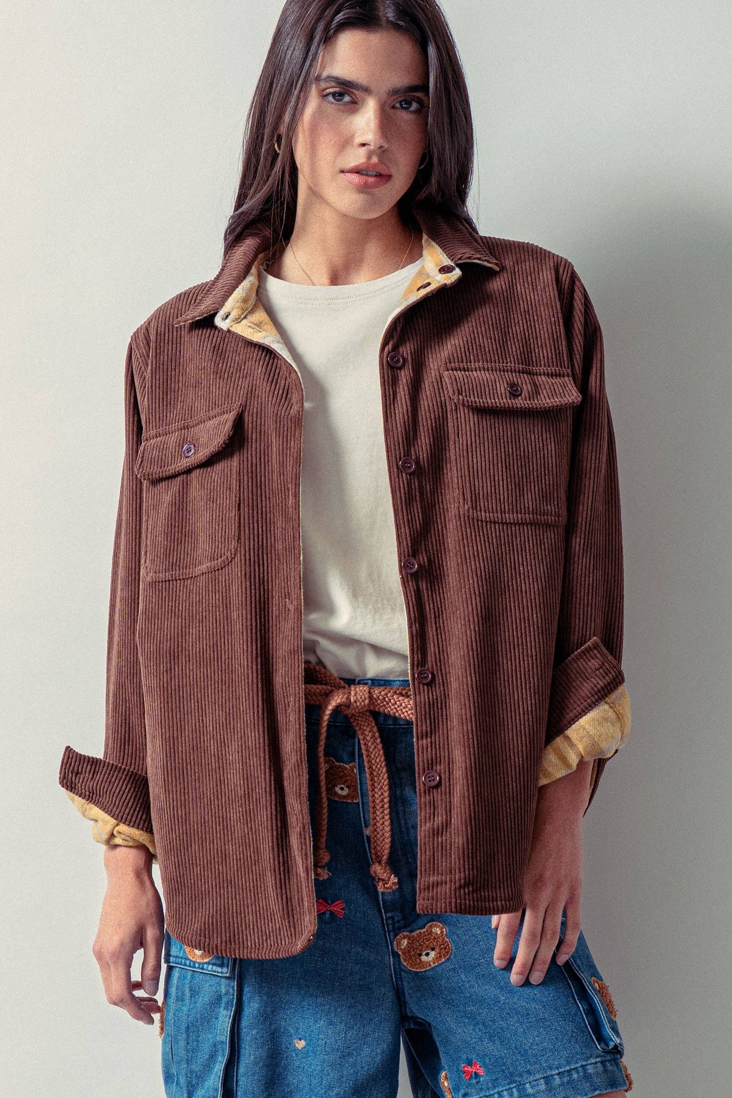 Plaid Flannel-Lined Corduroy Shacket