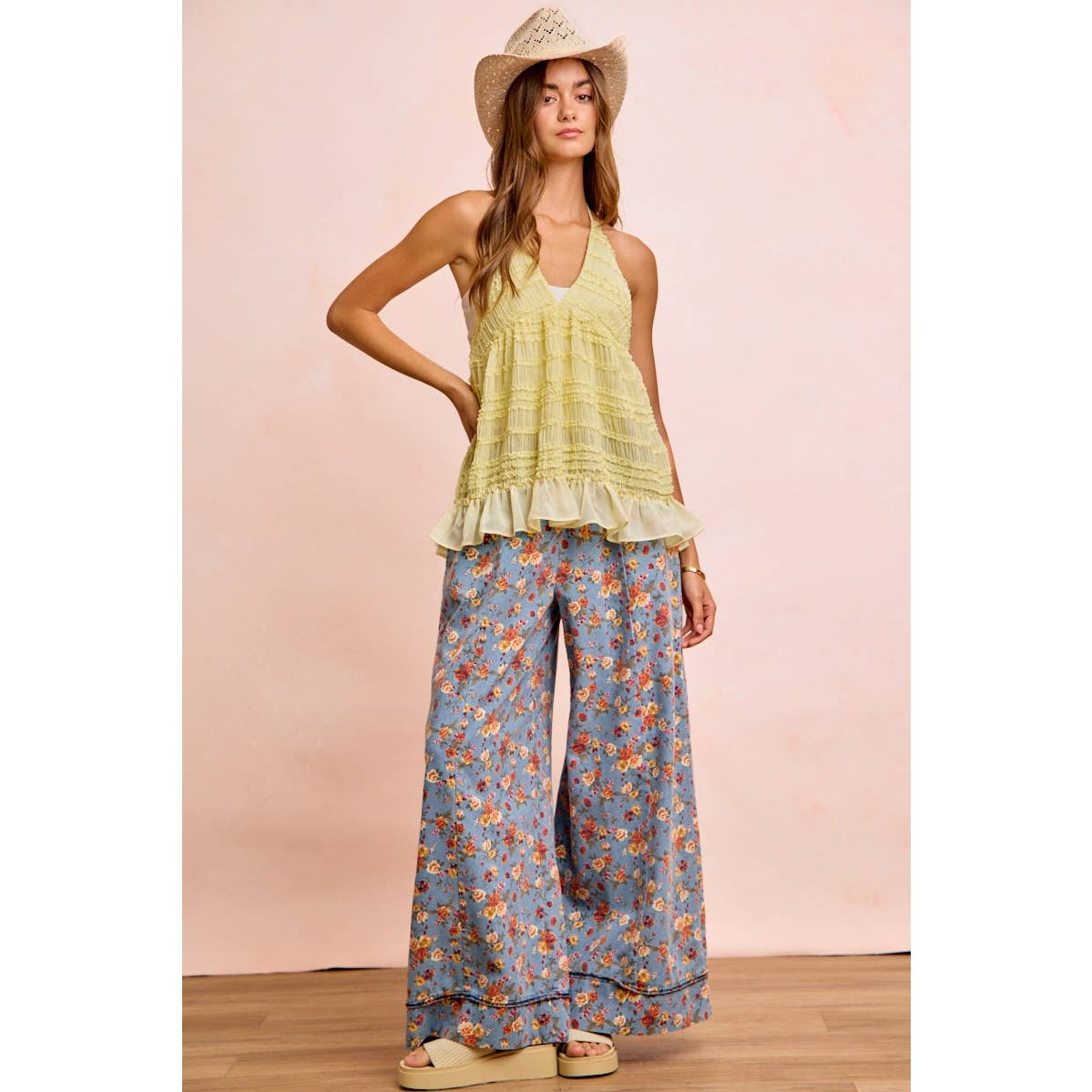 Floral Print Drawstring Wide-Leg Pants - 926 West