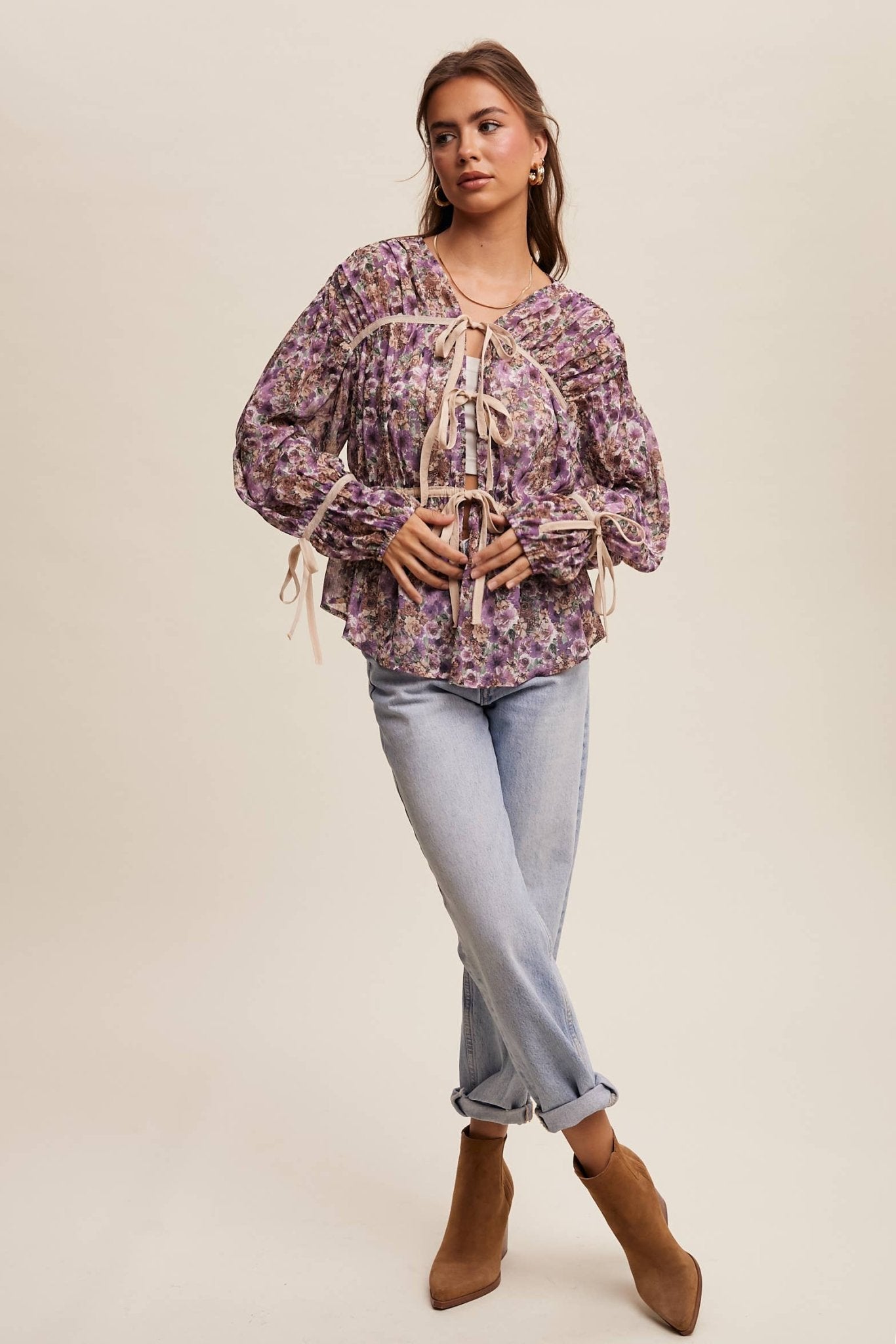 Floral Printed Sheer Blouse with Tie Accents - 926 West