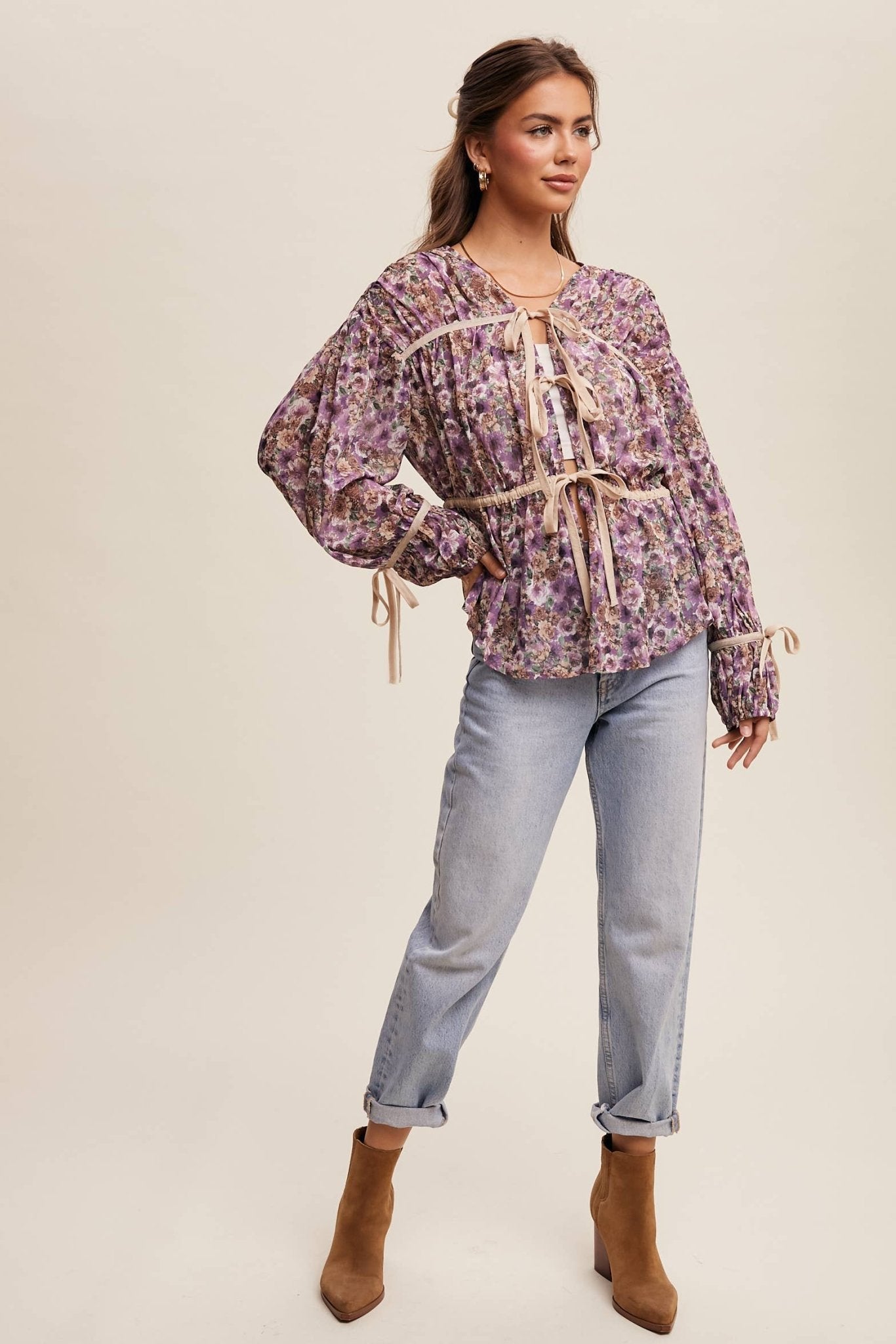 Floral Printed Sheer Blouse with Tie Accents - 926 West