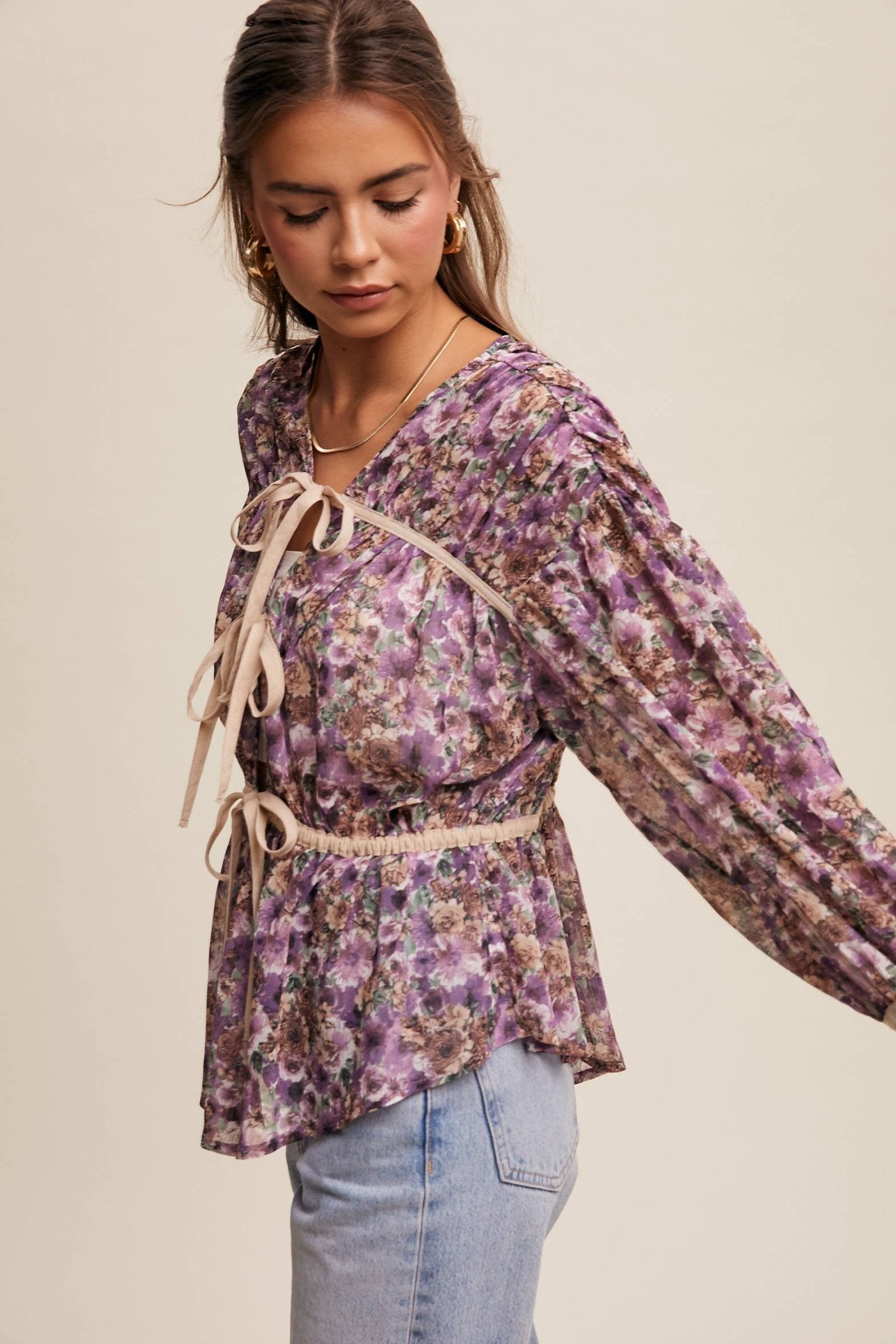 Floral Printed Sheer Blouse with Tie Accents - 926 West