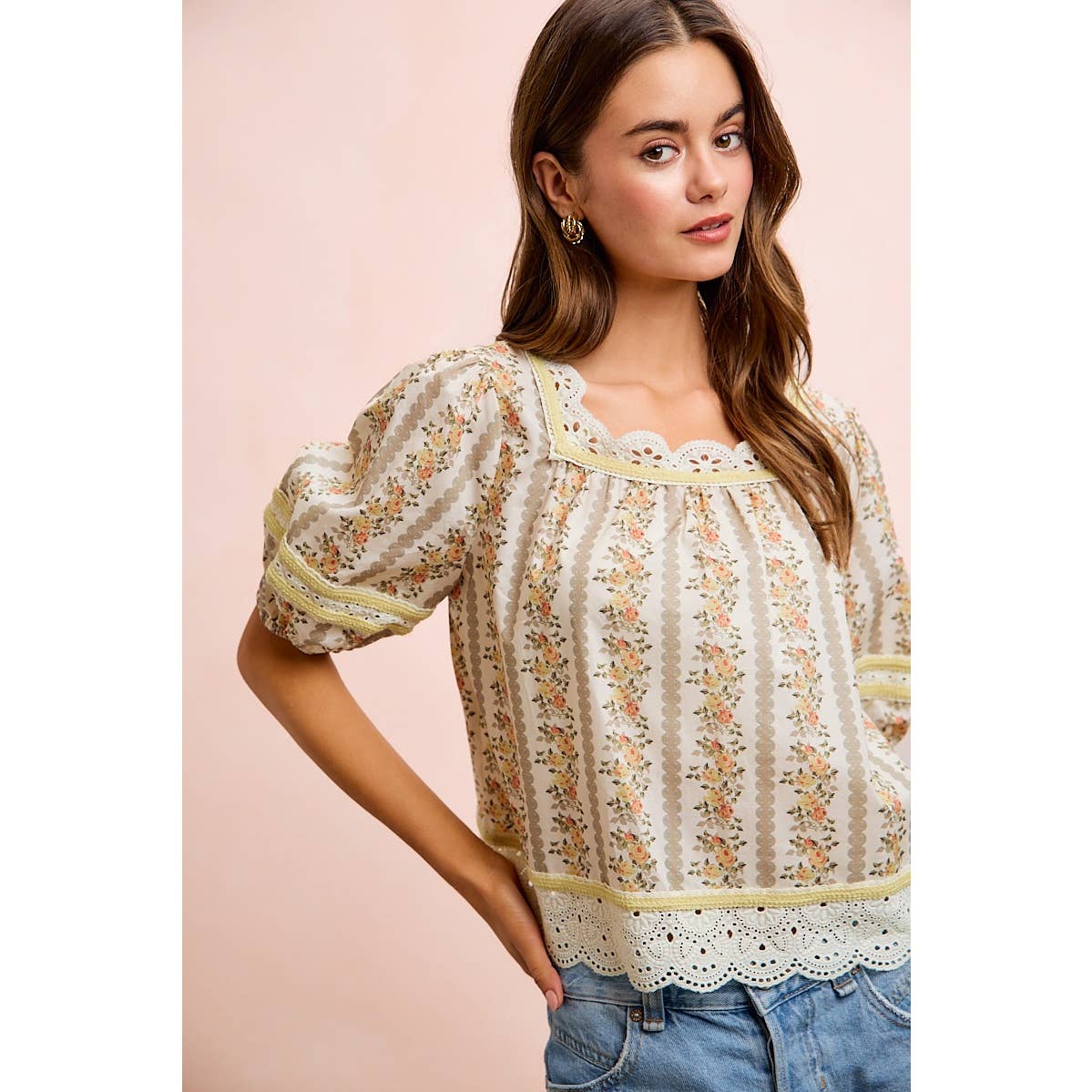 Floral Stripe Lace Trim Blouse Top - 926 West