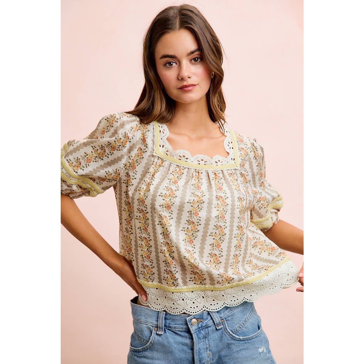 Floral Stripe Lace Trim Blouse Top - 926 West