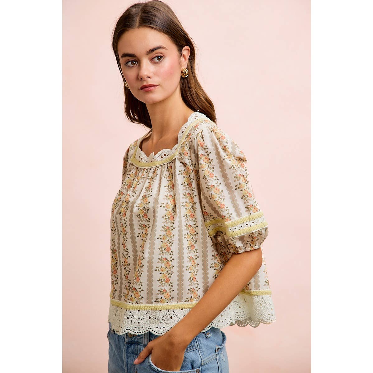 Floral Stripe Lace Trim Blouse Top - 926 West