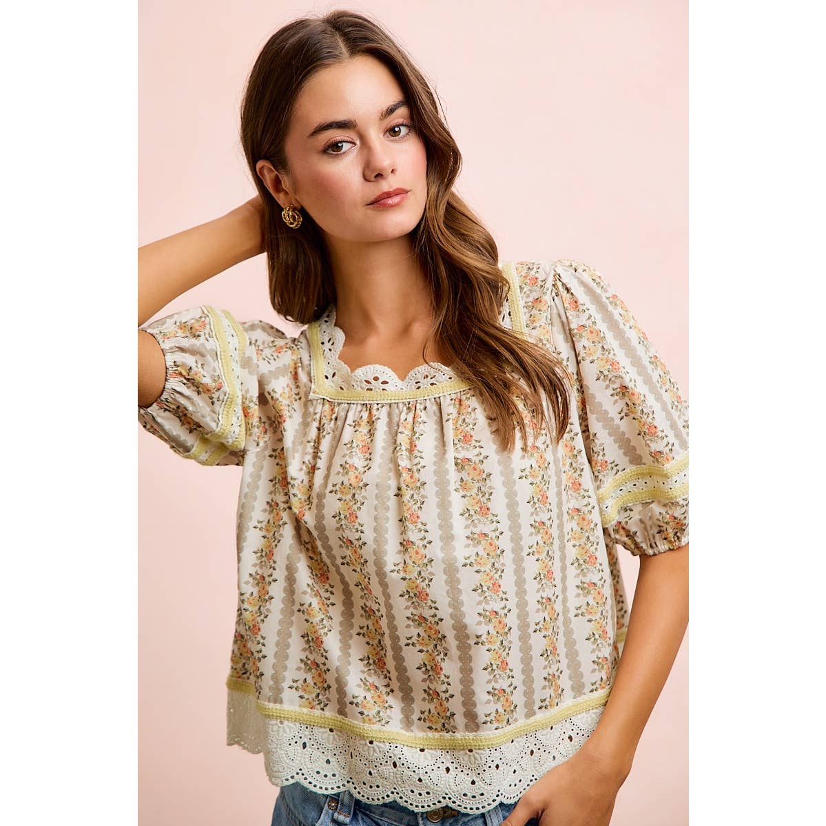 Floral Stripe Lace Trim Blouse Top - 926 West