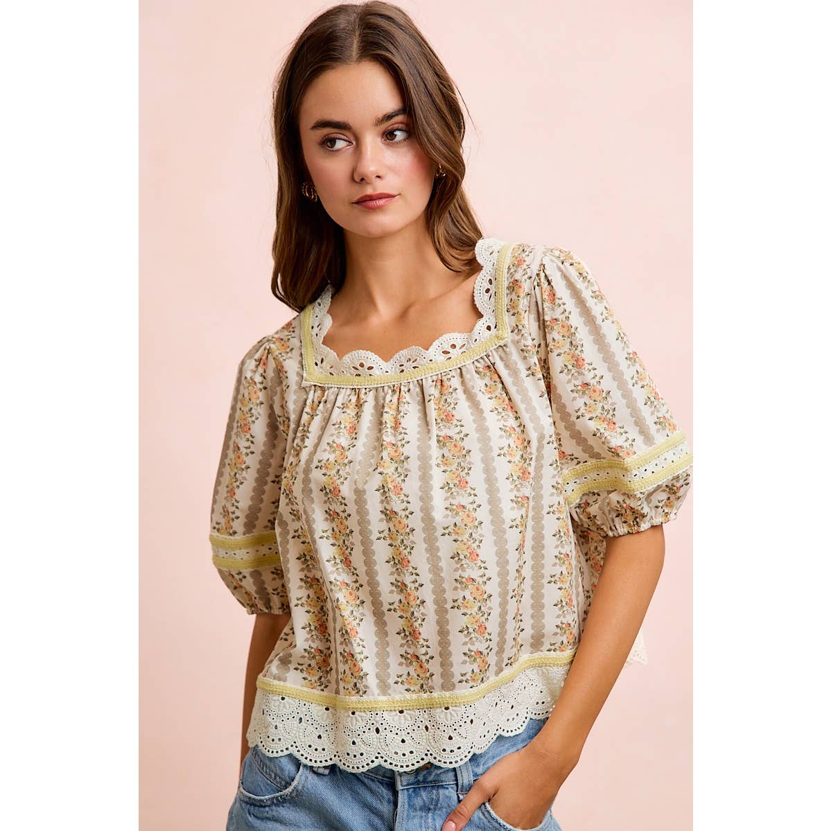Floral Stripe Lace Trim Blouse Top - 926 West