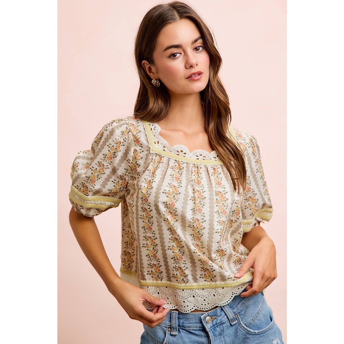 Floral Stripe Lace Trim Blouse Top - 926 West
