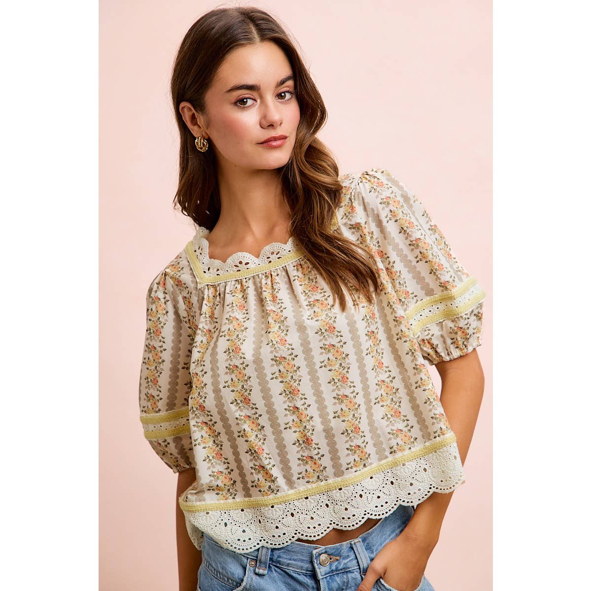 Floral Stripe Lace Trim Blouse Top - 926 West