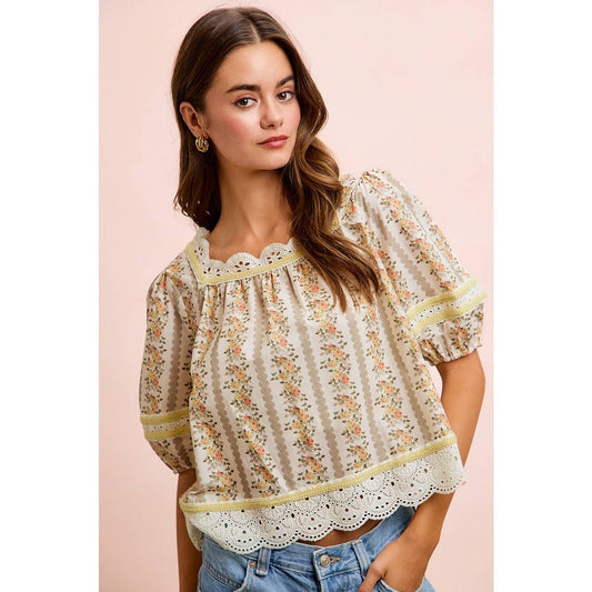 Floral Stripe Lace Trim Blouse Top - 926 West