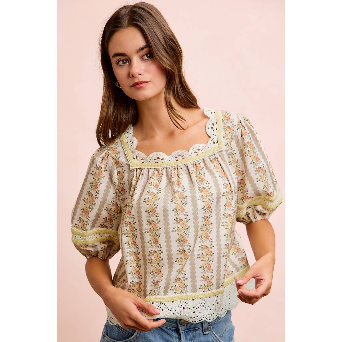 Floral Stripe Lace Trim Blouse Top - 926 West