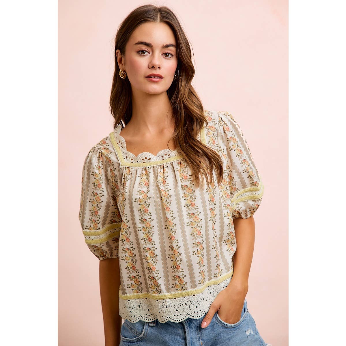 Floral Stripe Lace Trim Blouse Top - 926 West