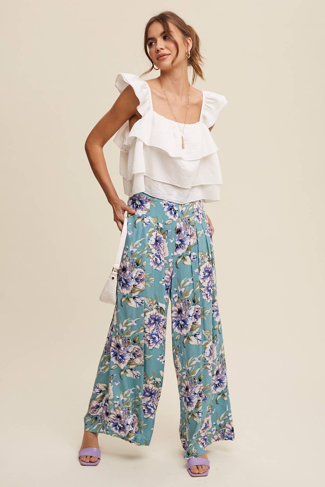 Floral Wide Leg Pants with Tiered Ruffle Top - 926 West