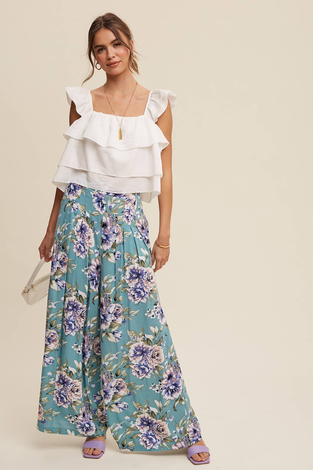 Floral Wide Leg Pants with Tiered Ruffle Top - 926 West