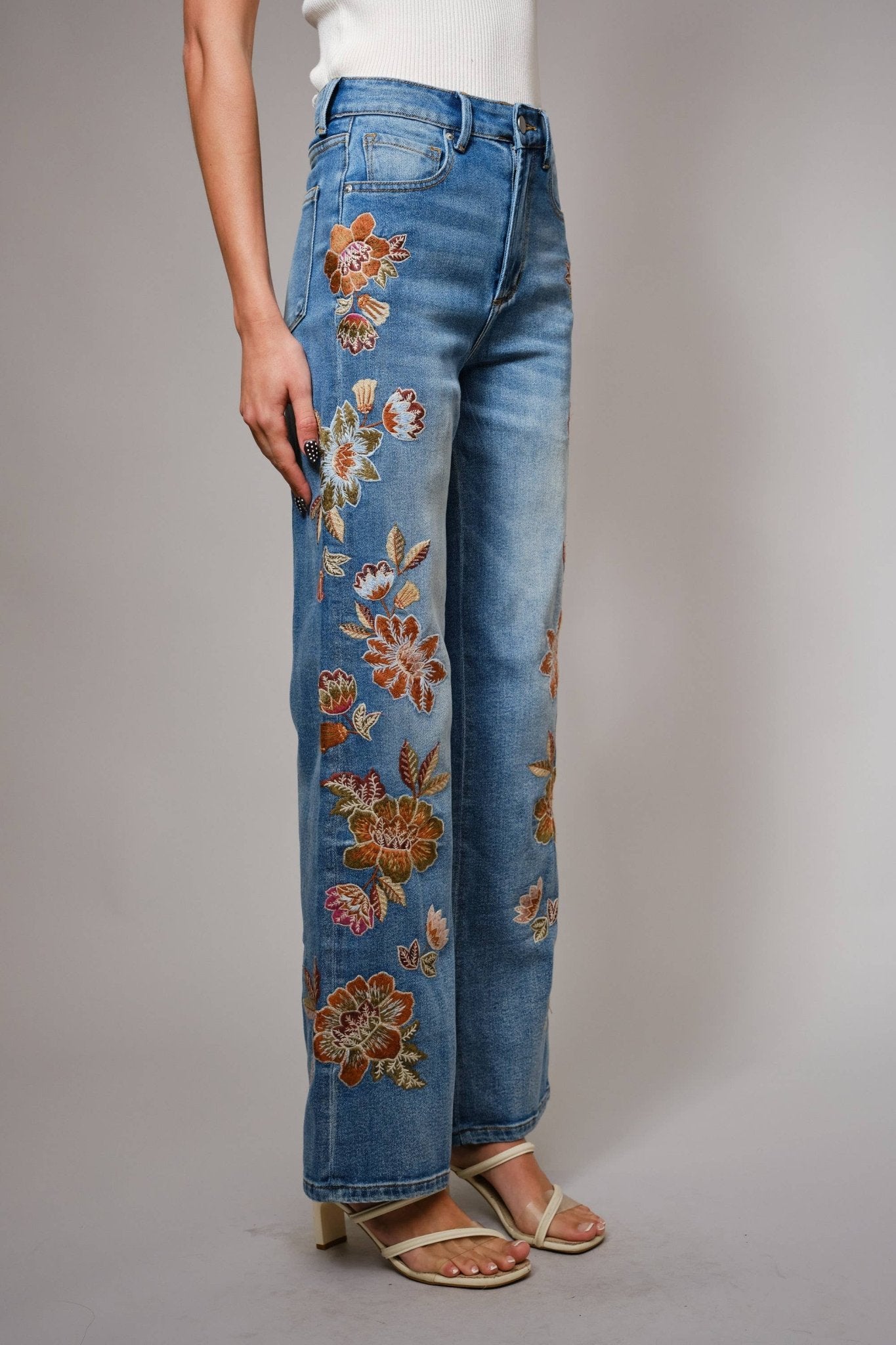 Flower Embroidery High Waist Flare Jean - 926 West