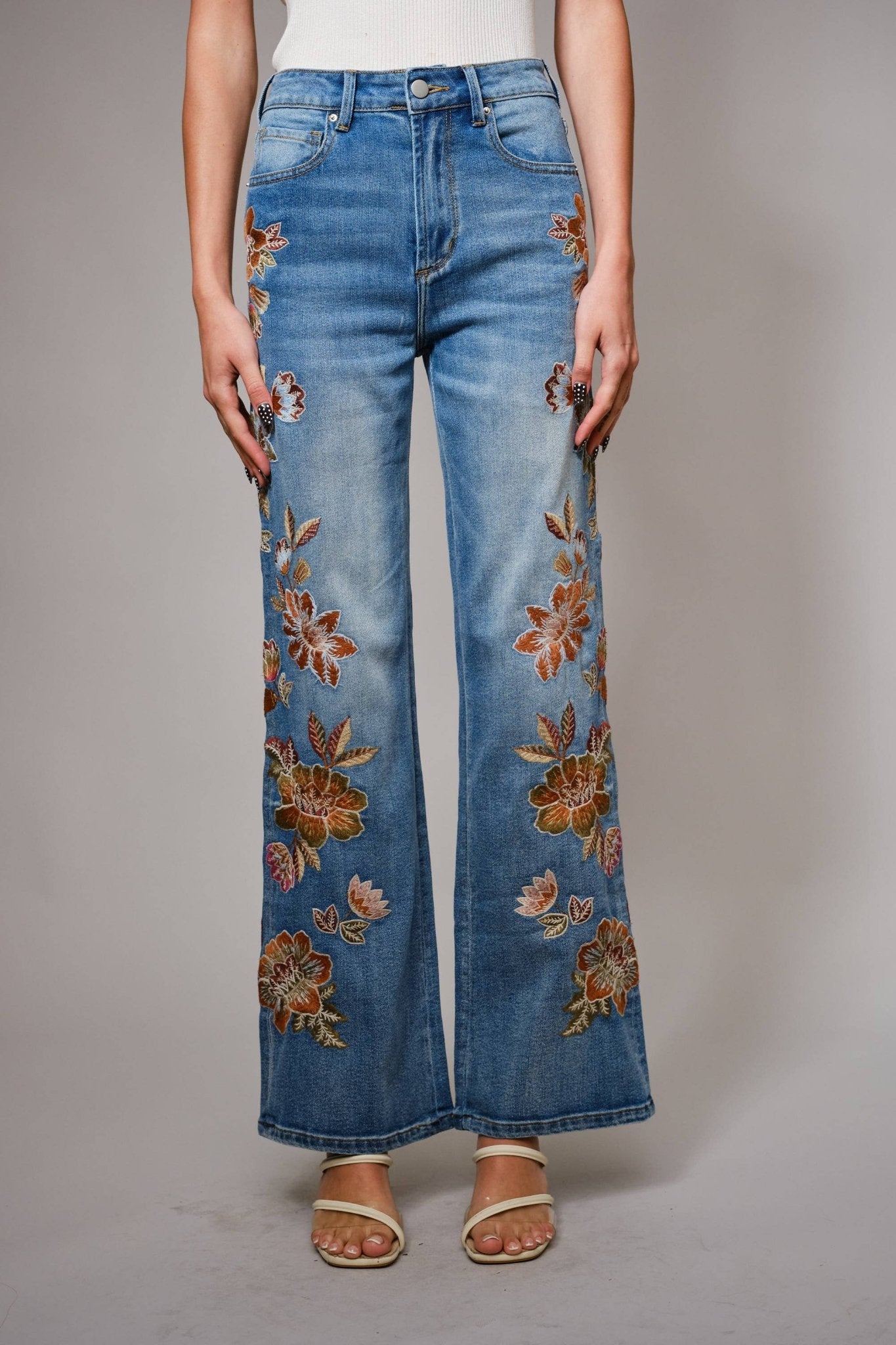 Flower Embroidery High Waist Flare Jean - 926 West