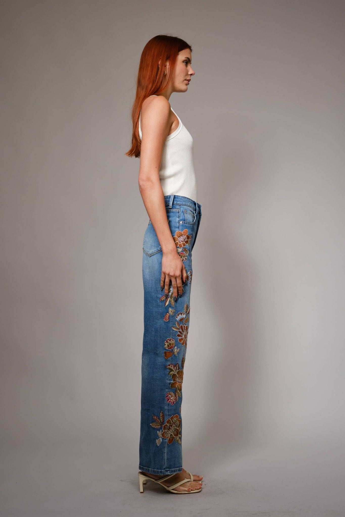 Flower Embroidery High Waist Flare Jean - 926 West