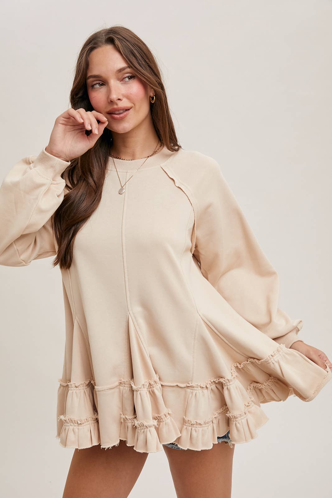 FRENCH TERRY RUFFLED TIERED HEM TUNIC SWEATSHIRT - 926 West