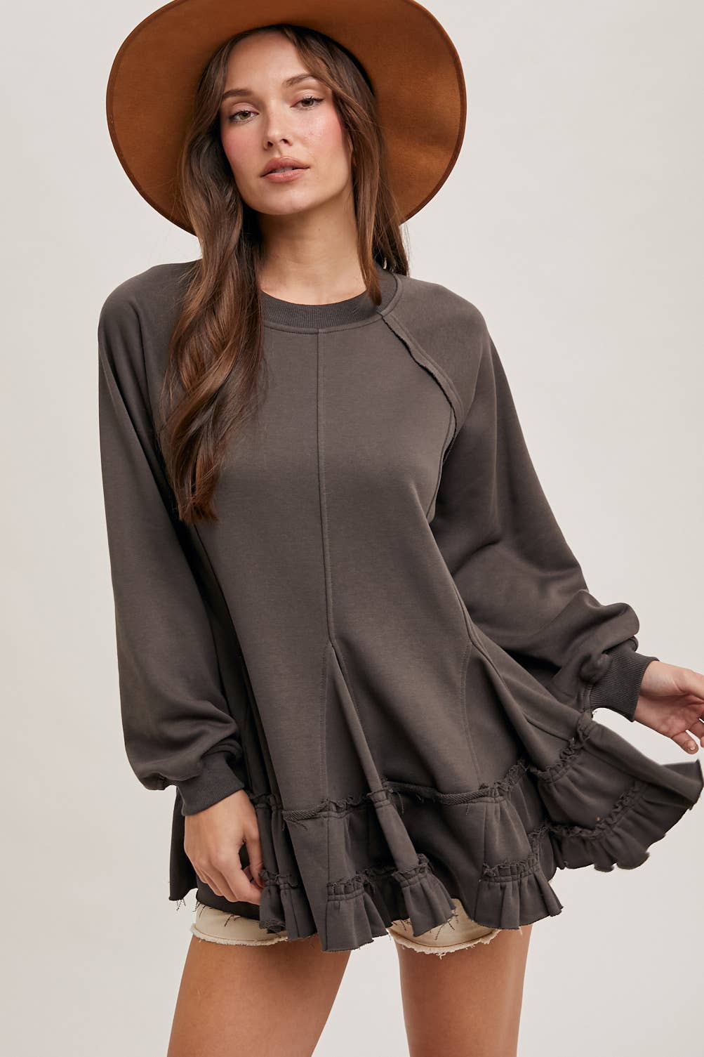 FRENCH TERRY RUFFLED TIERED HEM TUNIC SWEATSHIRT - 926 West