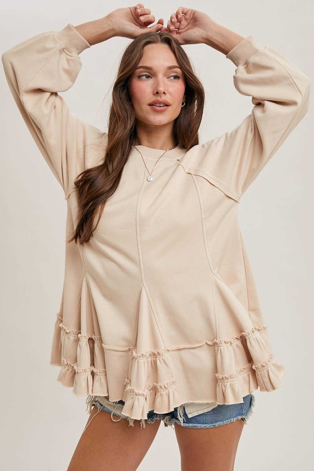 FRENCH TERRY RUFFLED TIERED HEM TUNIC SWEATSHIRT - 926 West