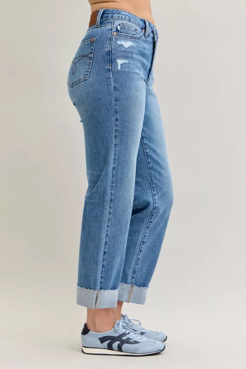 Judy Blue High Waist Bf Criss - cross Mild Destroy Jeans with Single Cuff - 926 West