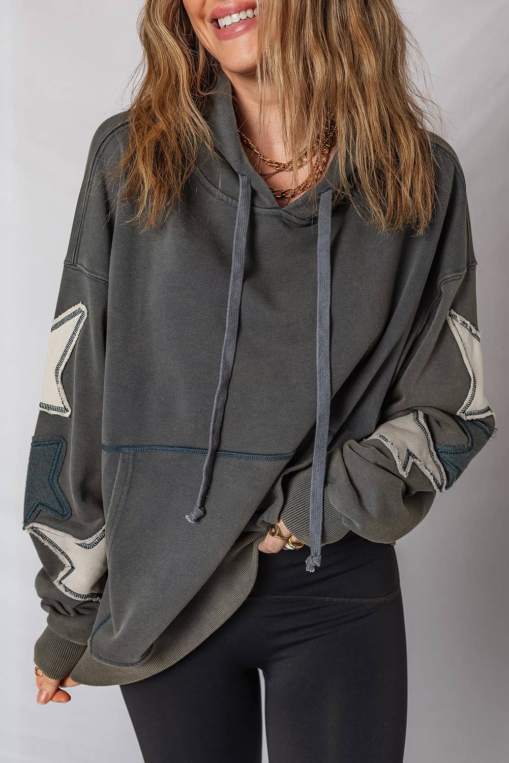 LDC Star Patchwork Contrast Stitching Pocket Vintage Hoodie - 926 West