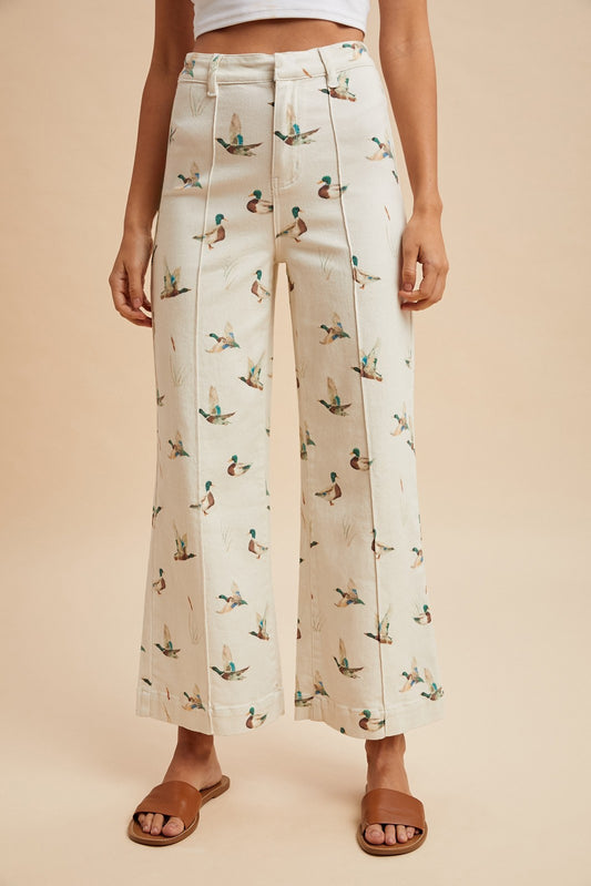 Mallard Printed Stretch Demin Wide Leg Jeans