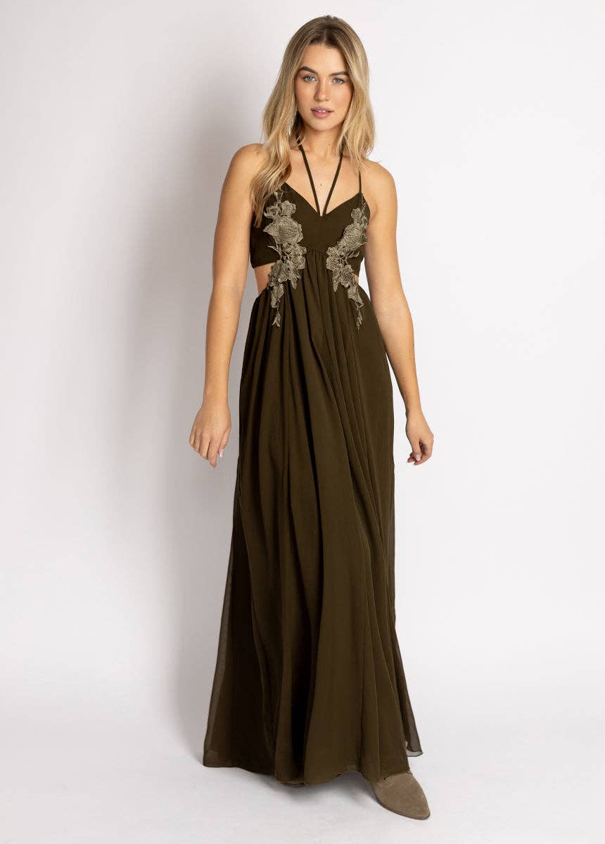 Mari Embroidered Maxi Dress in Deep Moss - 926 West