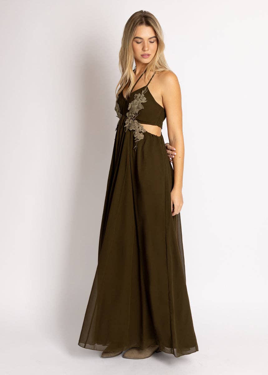 Mari Embroidered Maxi Dress in Deep Moss - 926 West