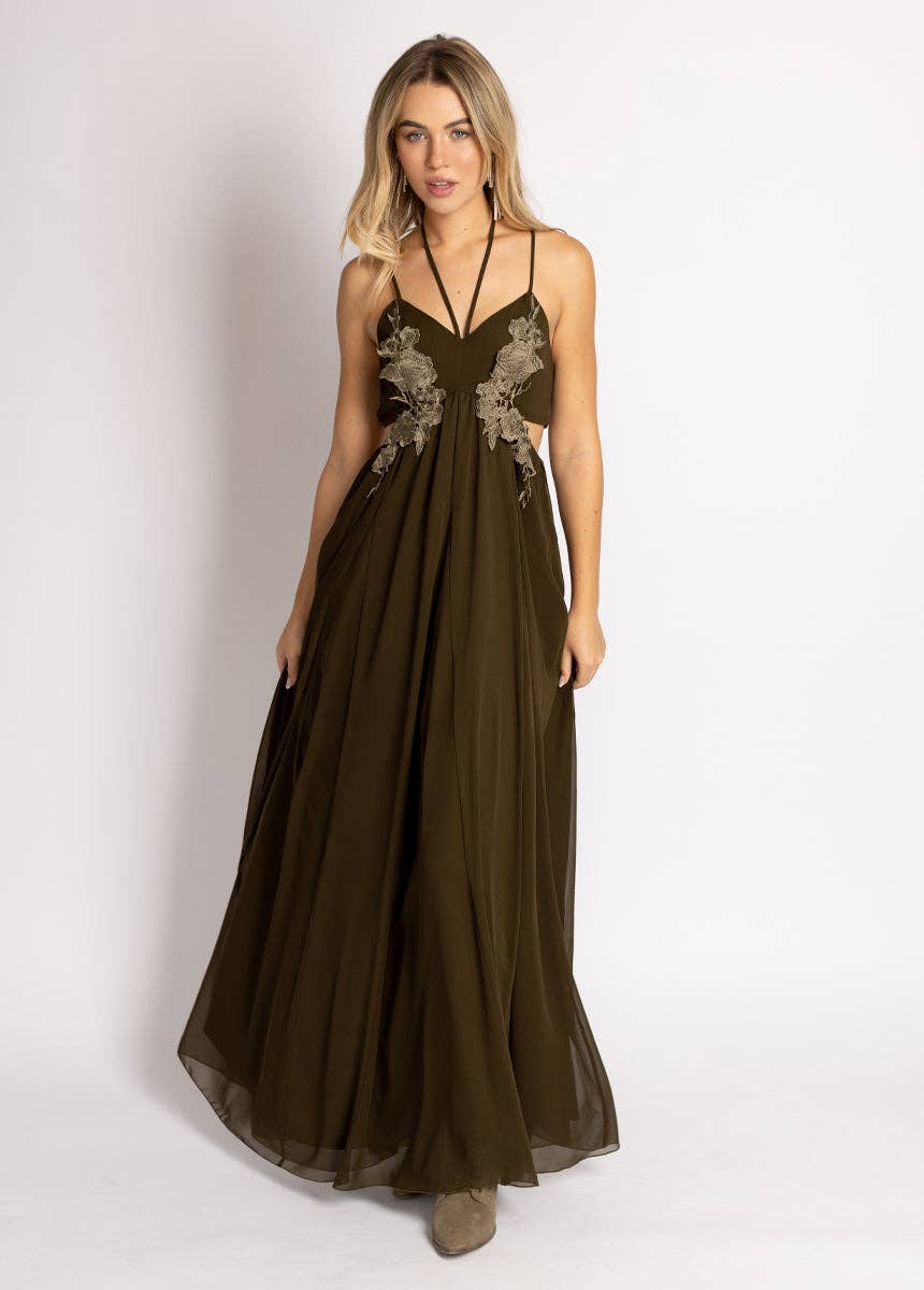 Mari Embroidered Maxi Dress in Deep Moss - 926 West