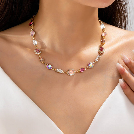 Mixed-Shape Pink & Clear Crystal Station Necklace - 926 West